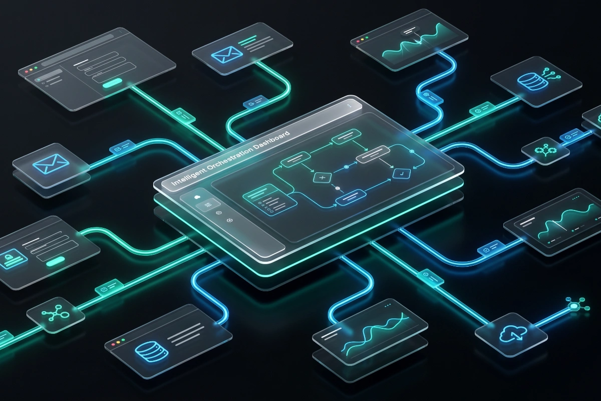 Central tablet interface displaying automated AI process diagrams