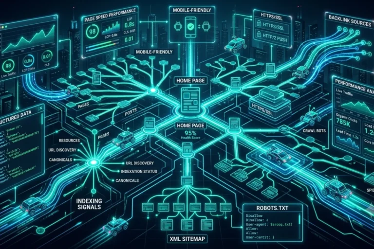 Centralized branching system diagram analyzing technical SEO parameters