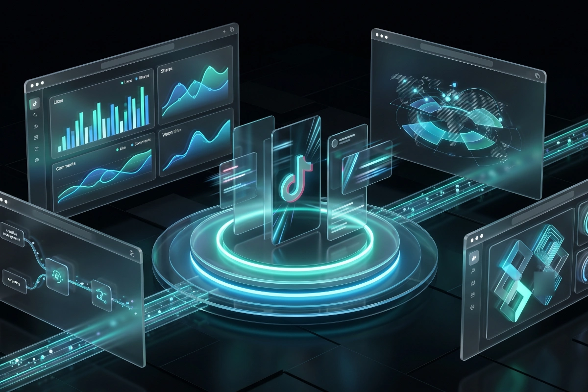 Centralized glowing platform tracking analytics performance for TikTok Ads