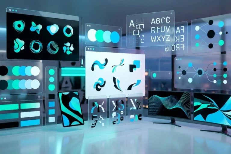 Creative studio display showing abstract brand asset shapes