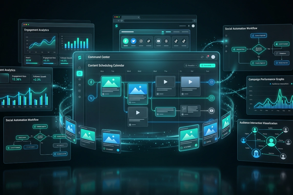 Dark graphic with map, chat, globe and analytics icons representing a solid technical SEO foundation