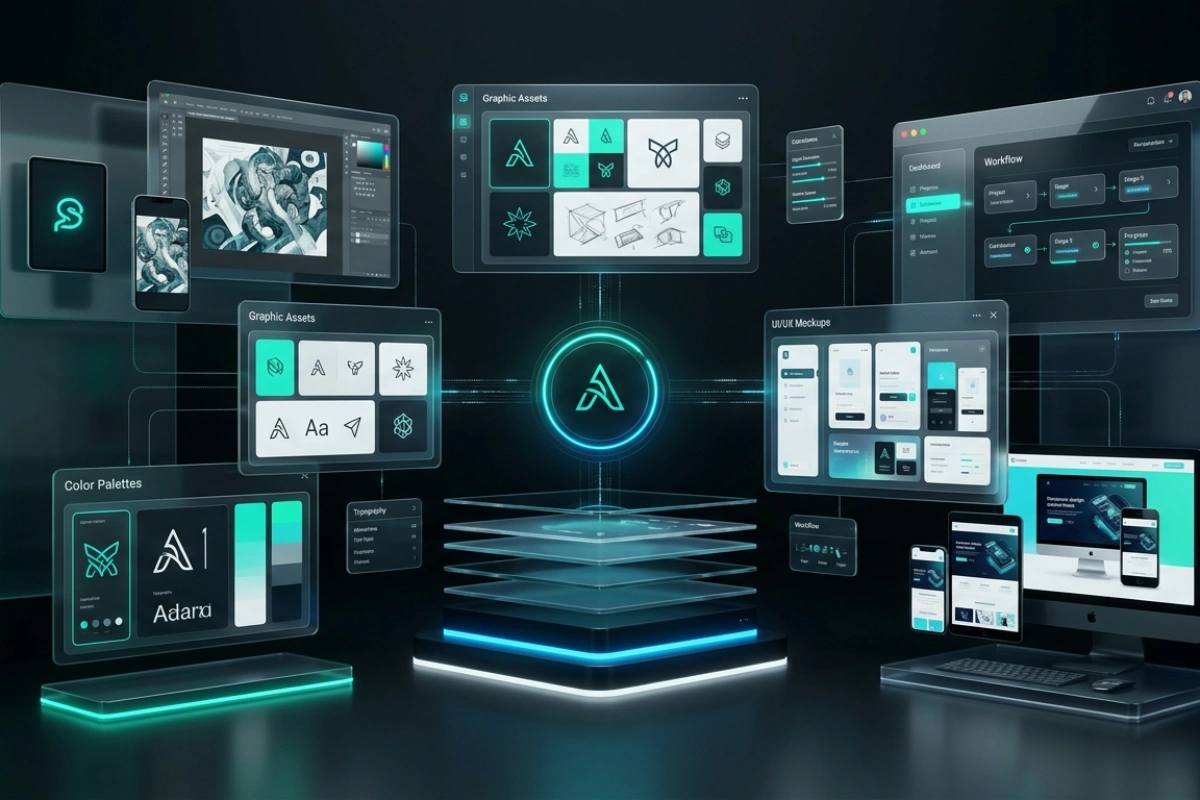 Creative workspace screens visualizing brand designs