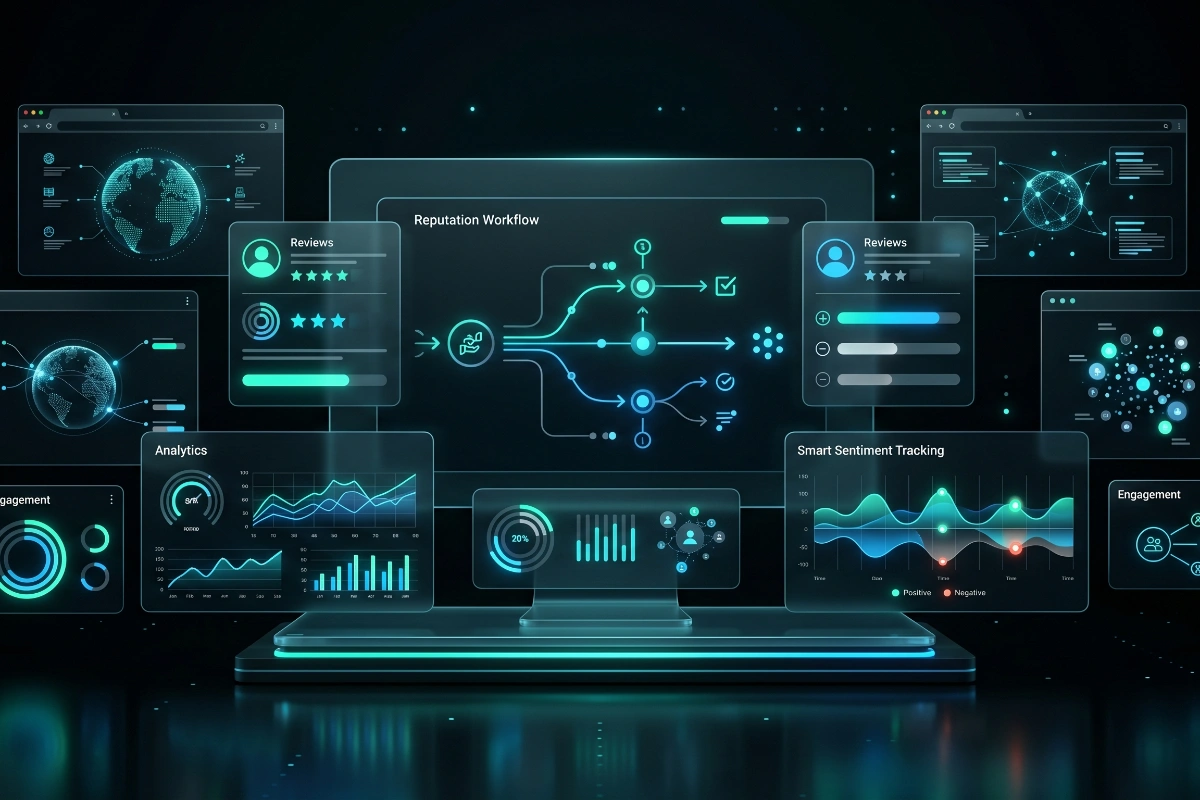 Flat software screen layout monitoring brand reputation management