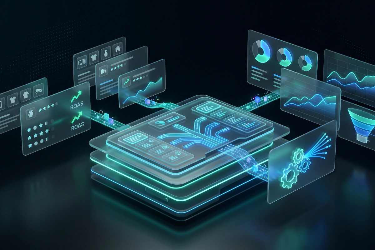 Floating layered dashboard panels mapping strategic Amazon PPC