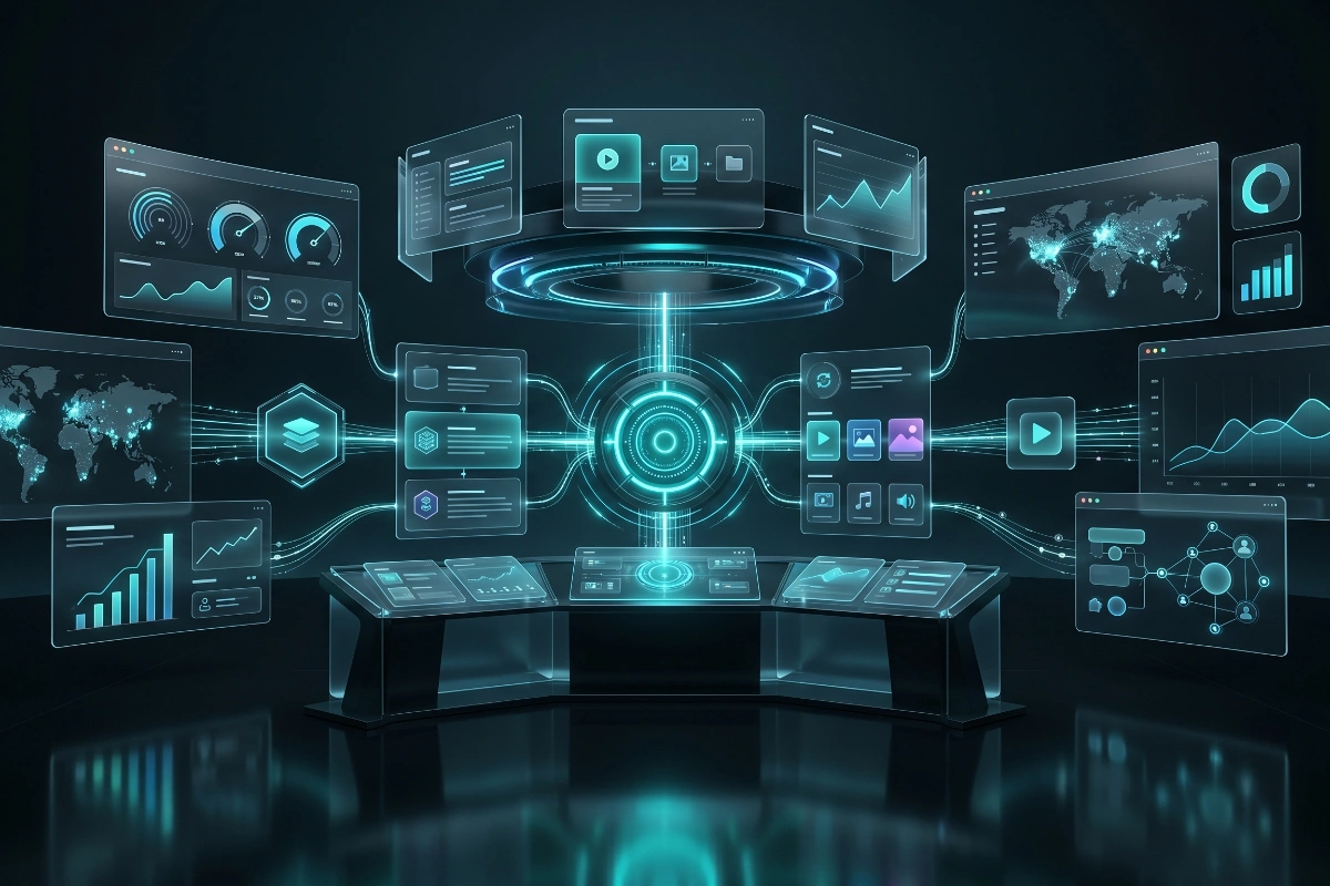 Futuristic global command center for social media management