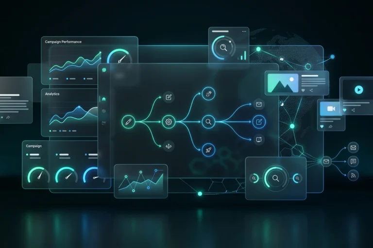 Glowing data node tree tracking content marketing growth