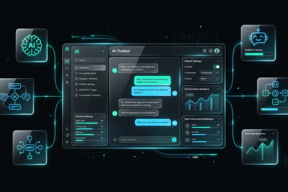 Glowing glassmorphism dashboard managing automated AI chatbot development