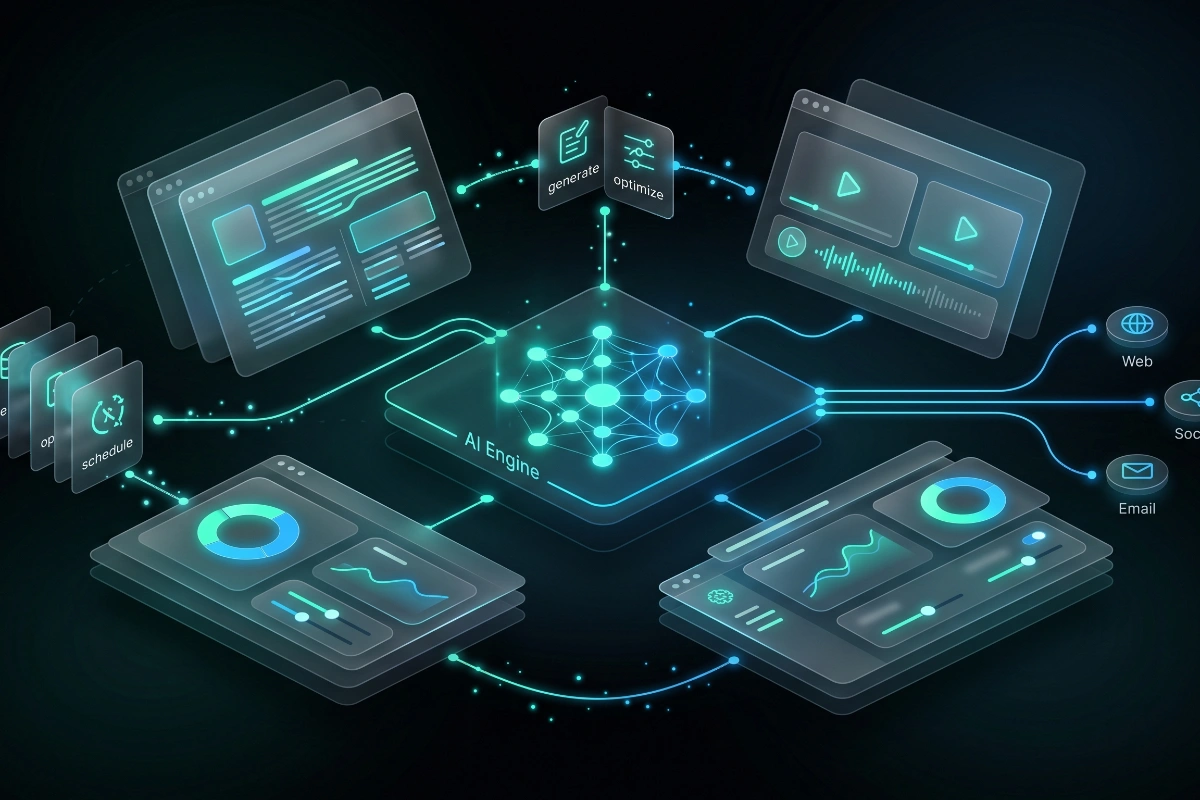 Isometric dashboard for AI content engines
