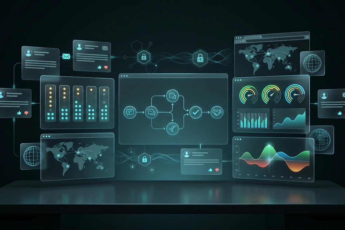 Dark dashboard graphic with rating, growth chart, location pin and phone icons illustrating crawl data insights