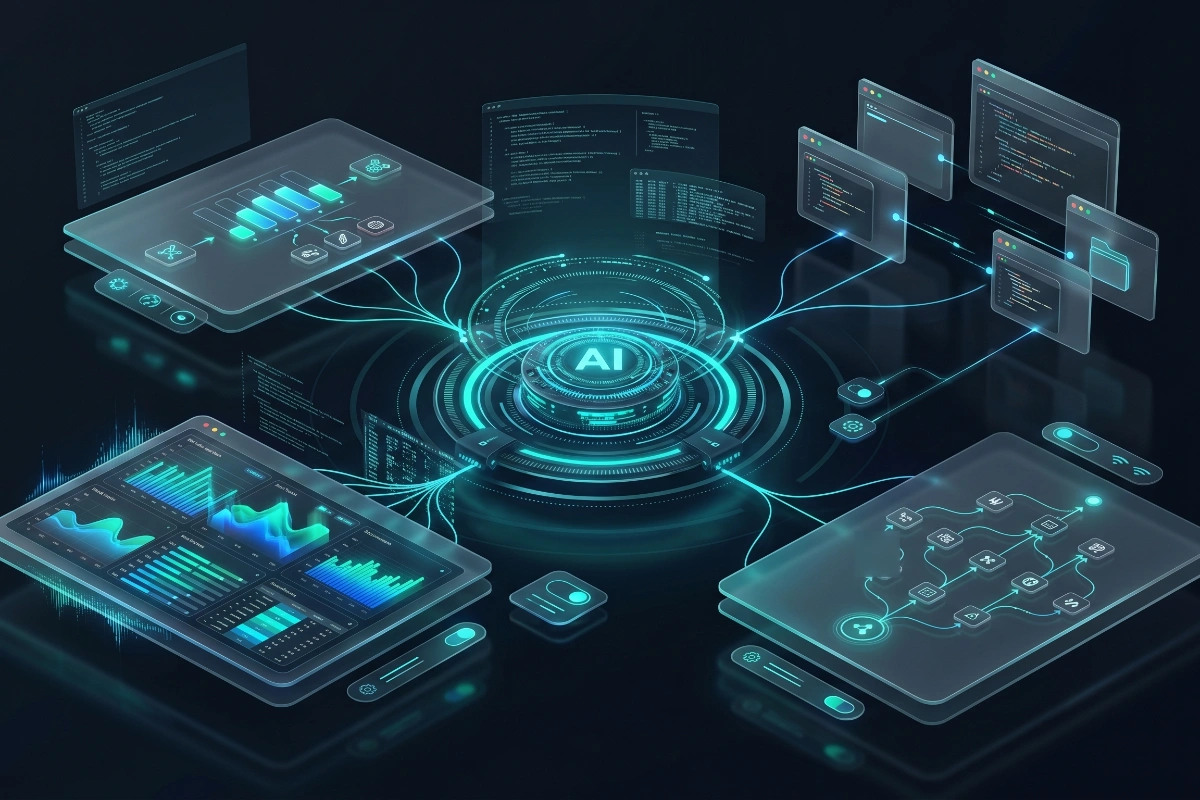 Multi-device interface displaying AI agents data visualization