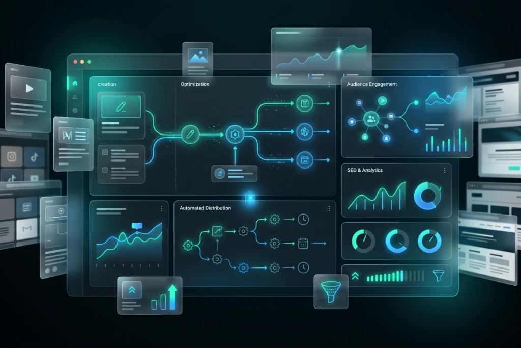 Multi-layered digital interface displaying strategic content marketing workflows