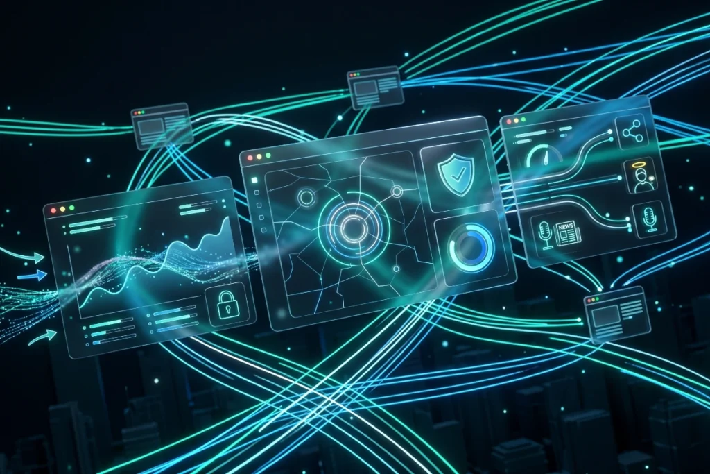 Network pathways connecting digital dashboard panels