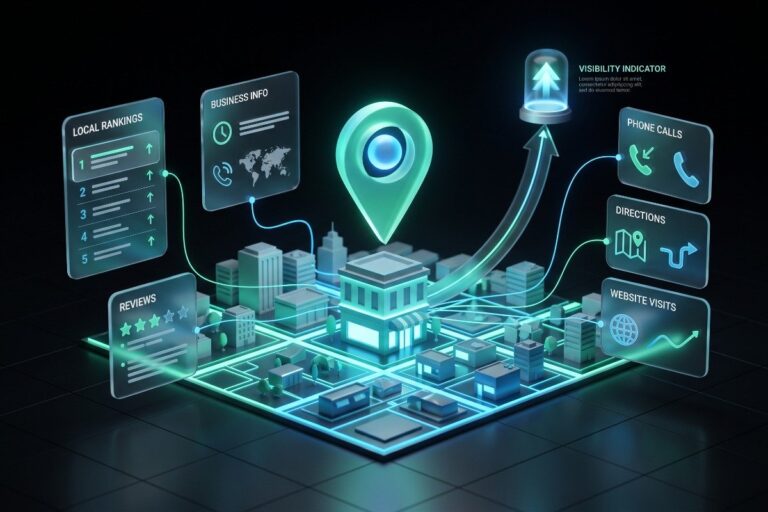 Futuristic cityscape over a glowing local map