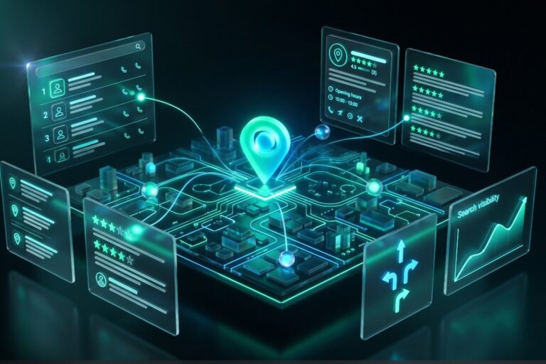 Futuristic glowing map with location and business icons