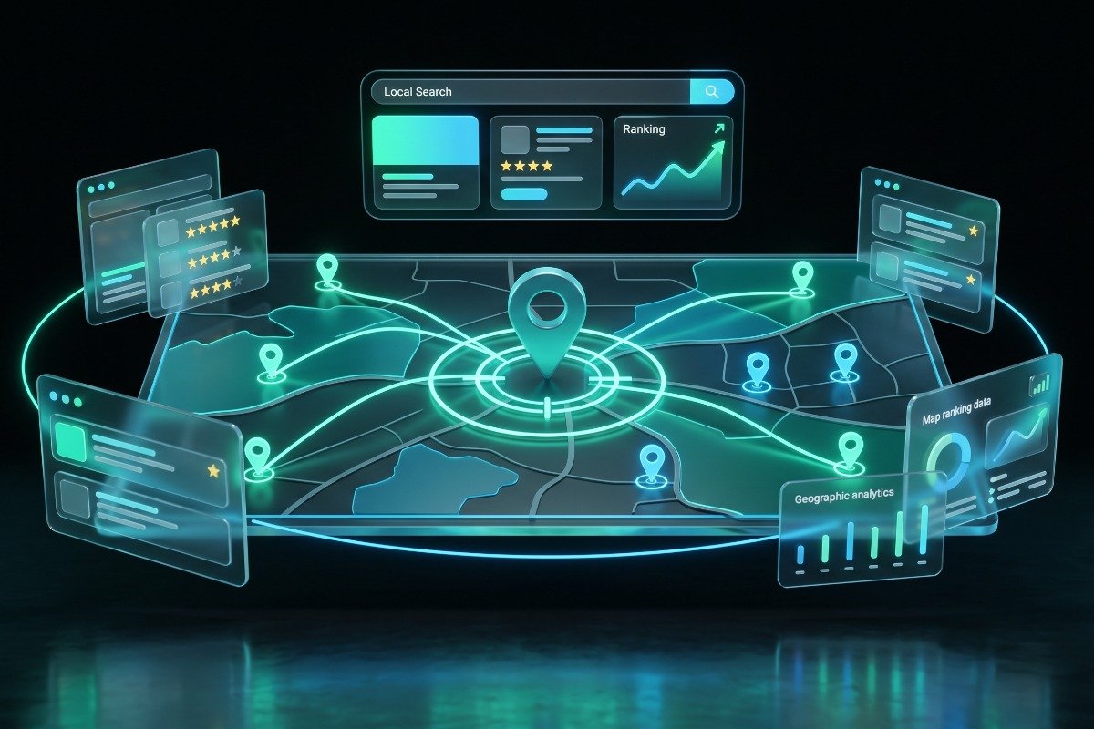 Dark dashboard graphic with rating, growth chart, location pin and phone icons illustrating crawl data insights