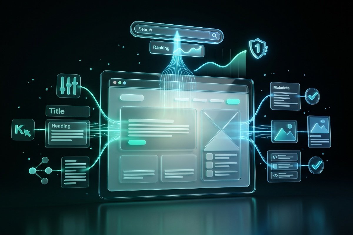 Dark graphic with map, chat, globe and analytics icons representing a solid technical SEO foundation
