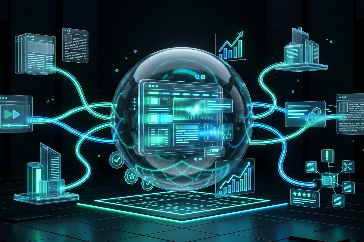 Dark graphic with map, chat, globe and analytics icons representing a solid technical SEO foundation