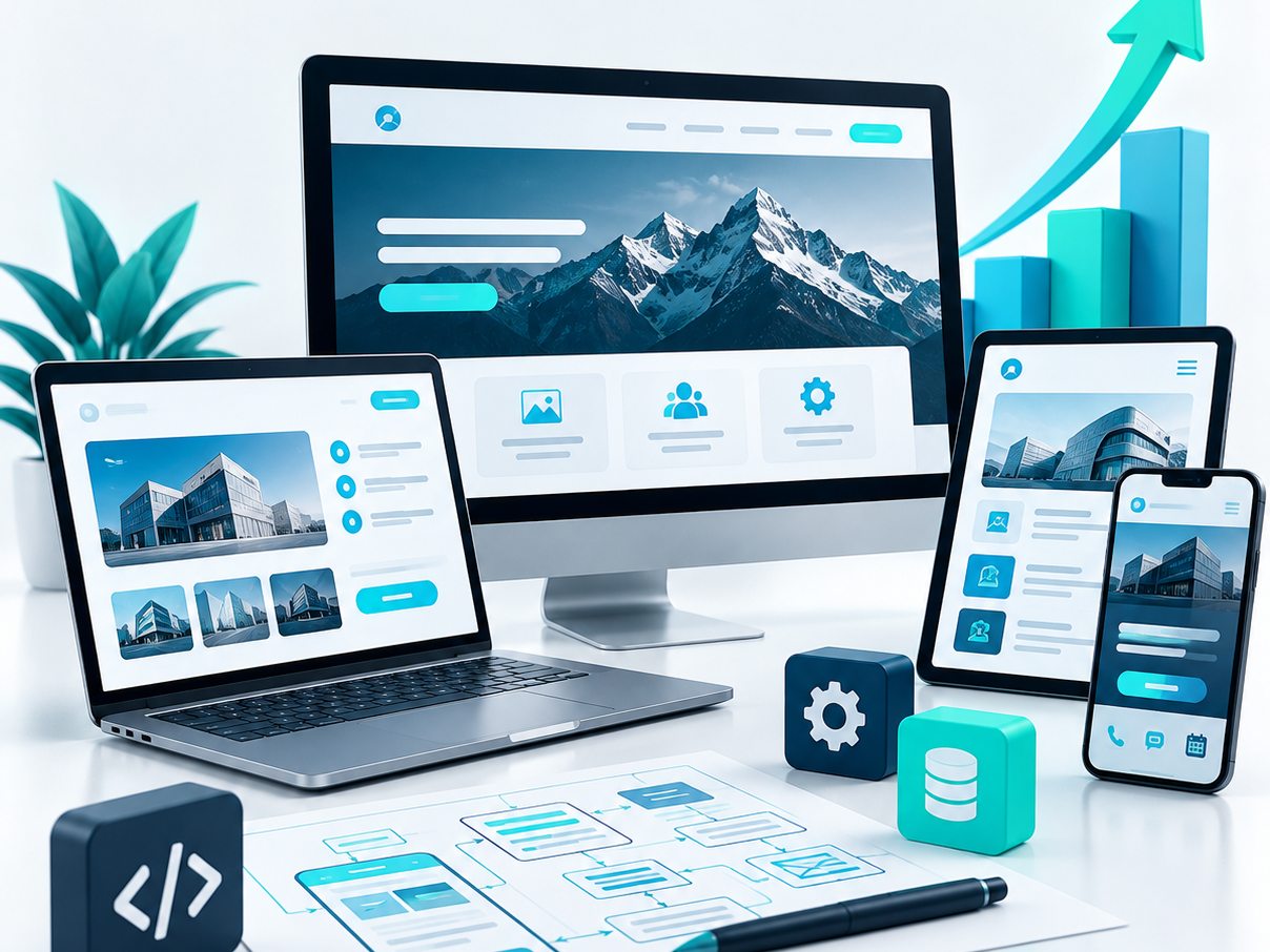 Computer monitor displaying a logo design for development