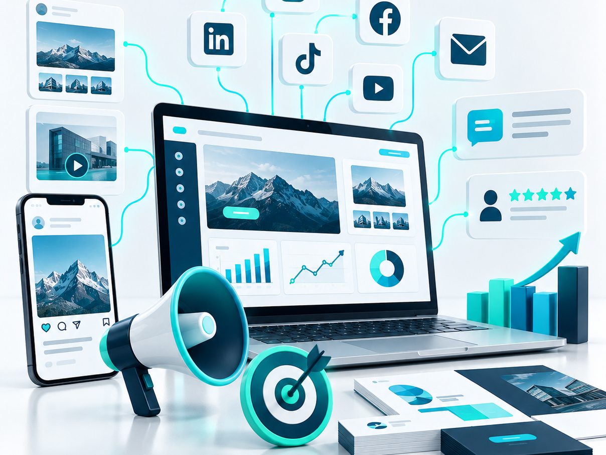 Laptop displaying a website with graphs and charts for digital marketing