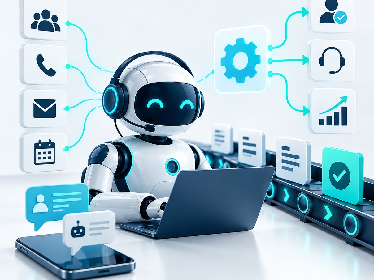 Robot sitting at a desk with a laptop for AI automation